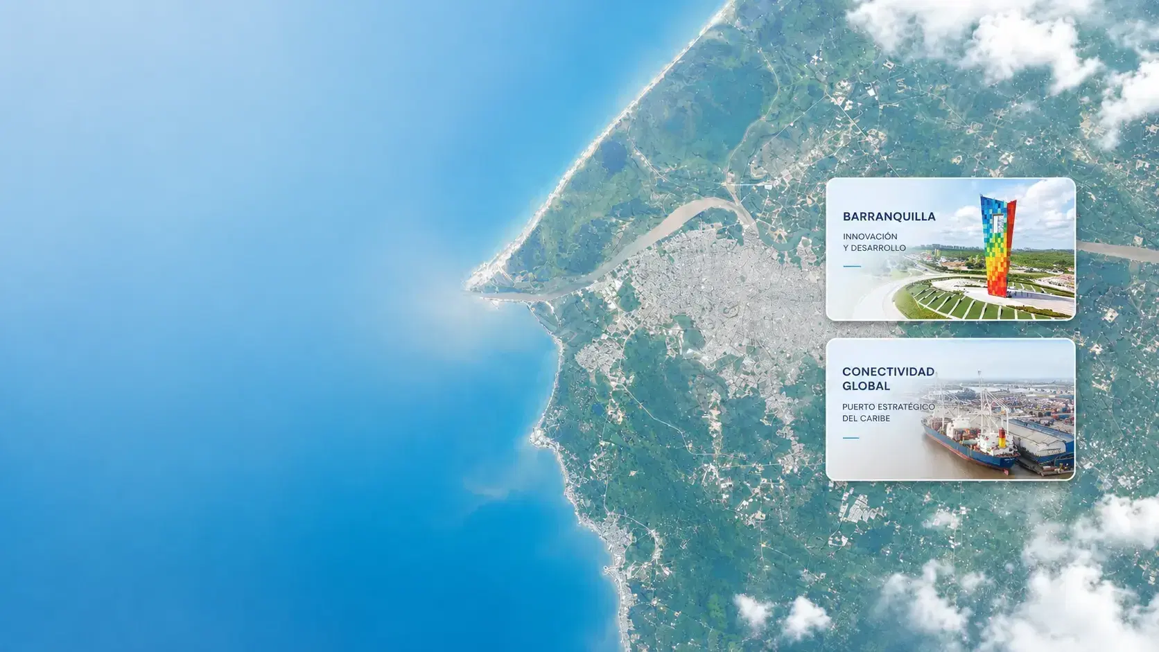 Vista satelital de Barranquilla con la desembocadura del río Magdalena en el mar Caribe, junto a dos fichas: innovación y desarrollo, y conectividad global como puerto estratégico del Caribe