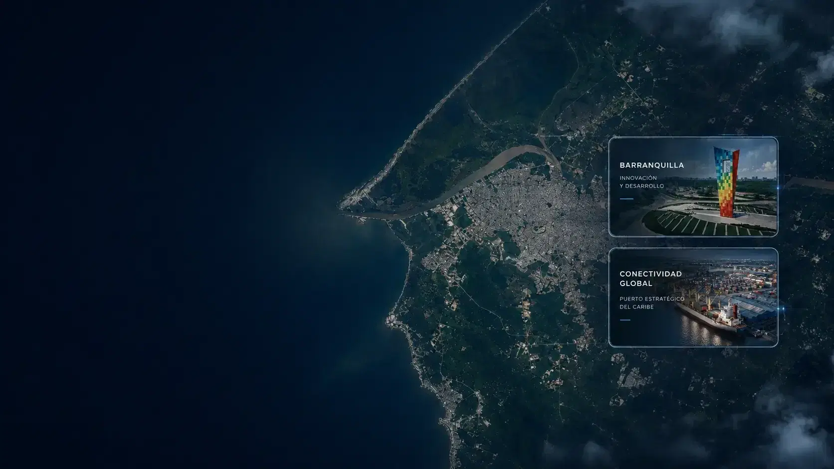 Vista satelital de Barranquilla con la desembocadura del río Magdalena en el mar Caribe, junto a dos fichas: innovación y desarrollo, y conectividad global como puerto estratégico del Caribe