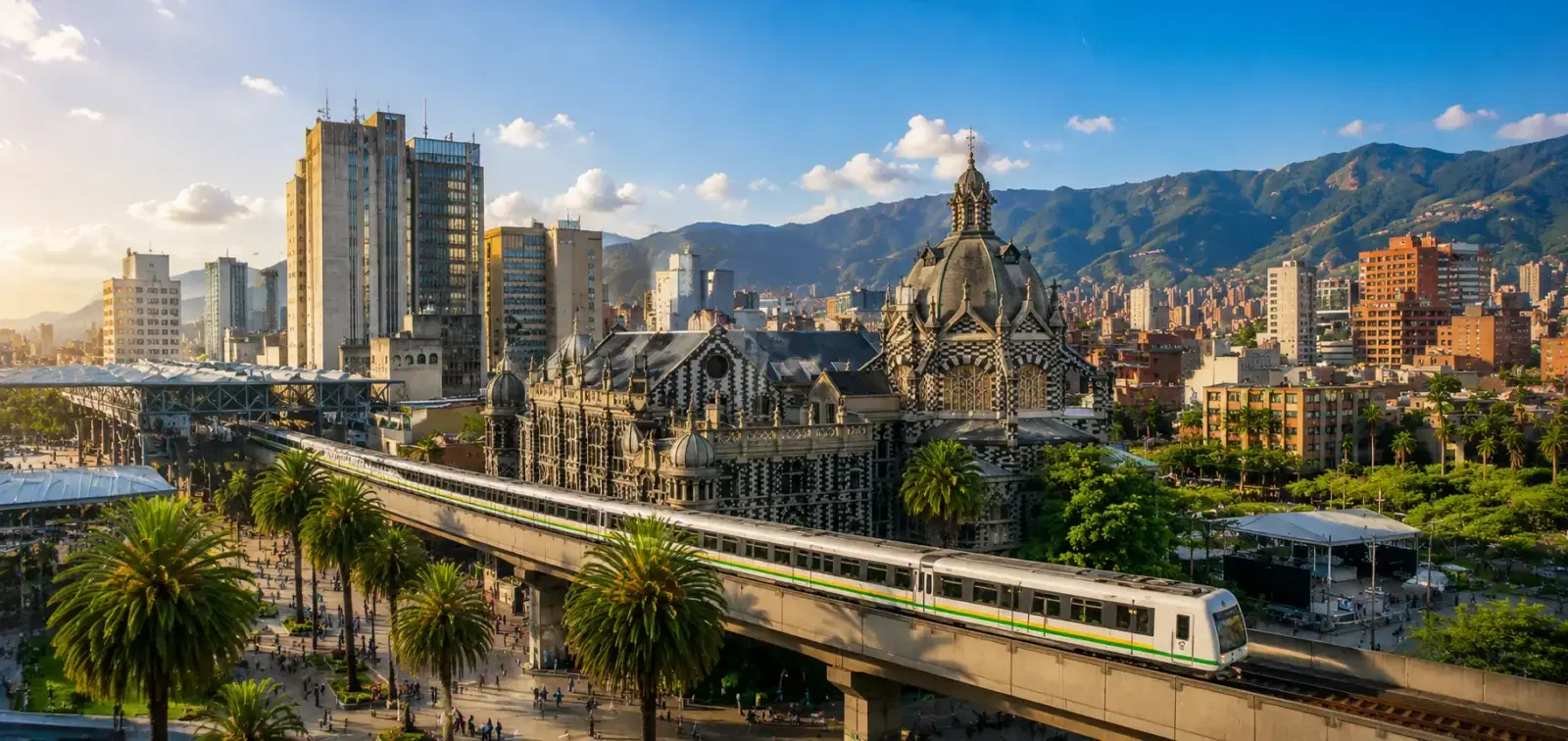 Centro de Medellín: el metro elevado pasando junto al Palacio de la Cultura, con las montañas del valle al fondo