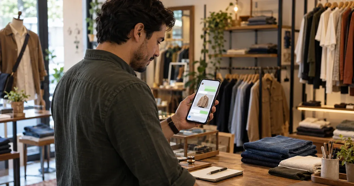 Vendedor en el mostrador de una boutique de ropa sostiene su celular con un chat que muestra la foto de un producto