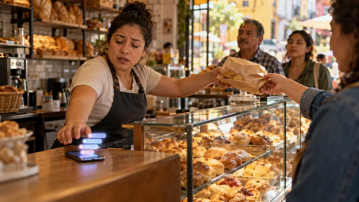 Dueña de una panadería atiende clientes en el mostrador mientras su celular acumula mensajes sin responder
