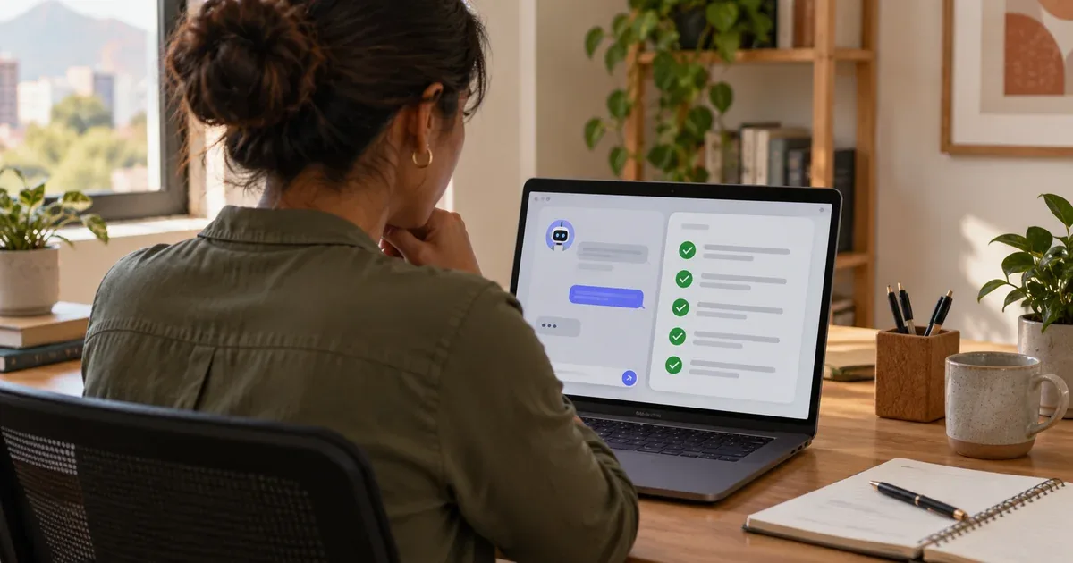 Emprendedora revisa en su portátil las tareas que un agente de IA completó automáticamente