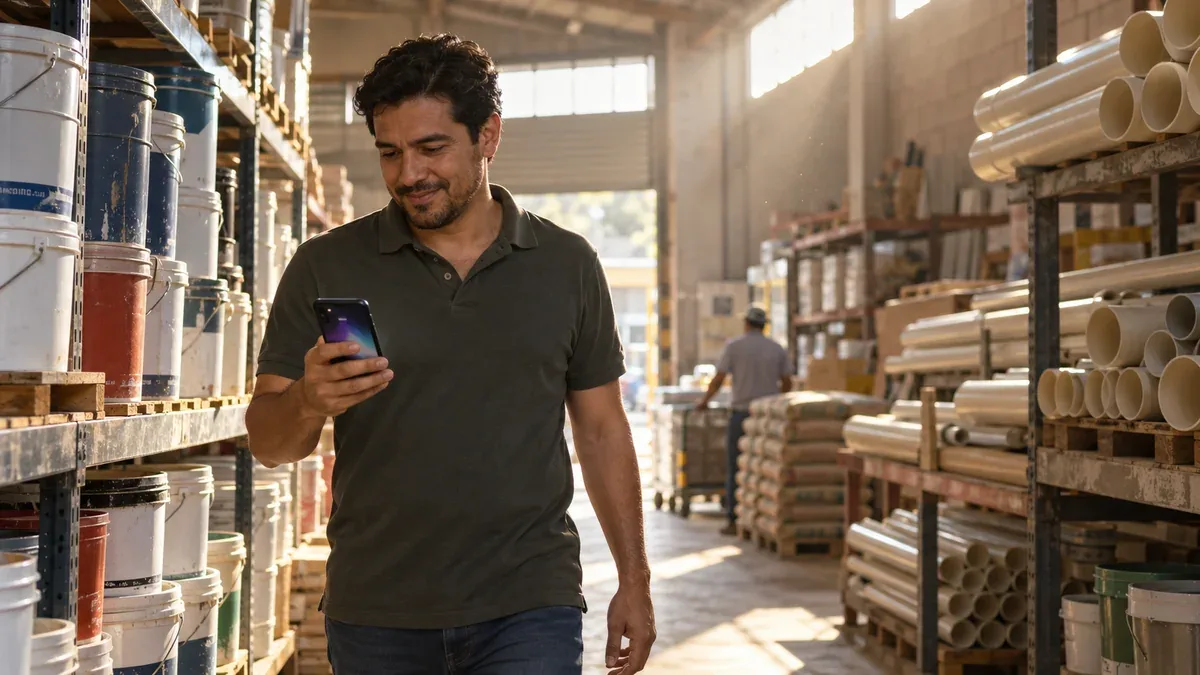 Vendedor de una distribuidora revisa en su celular un recordatorio de seguimiento a un cliente mientras recorre la bodega
