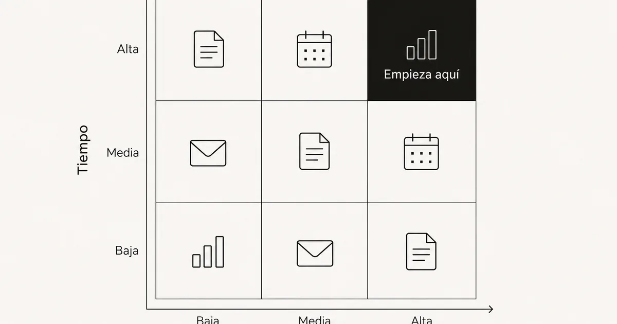 Matriz de 3×3 que cruza frecuencia y tiempo de una tarea, con una casilla resaltada con la etiqueta «Empieza aquí»