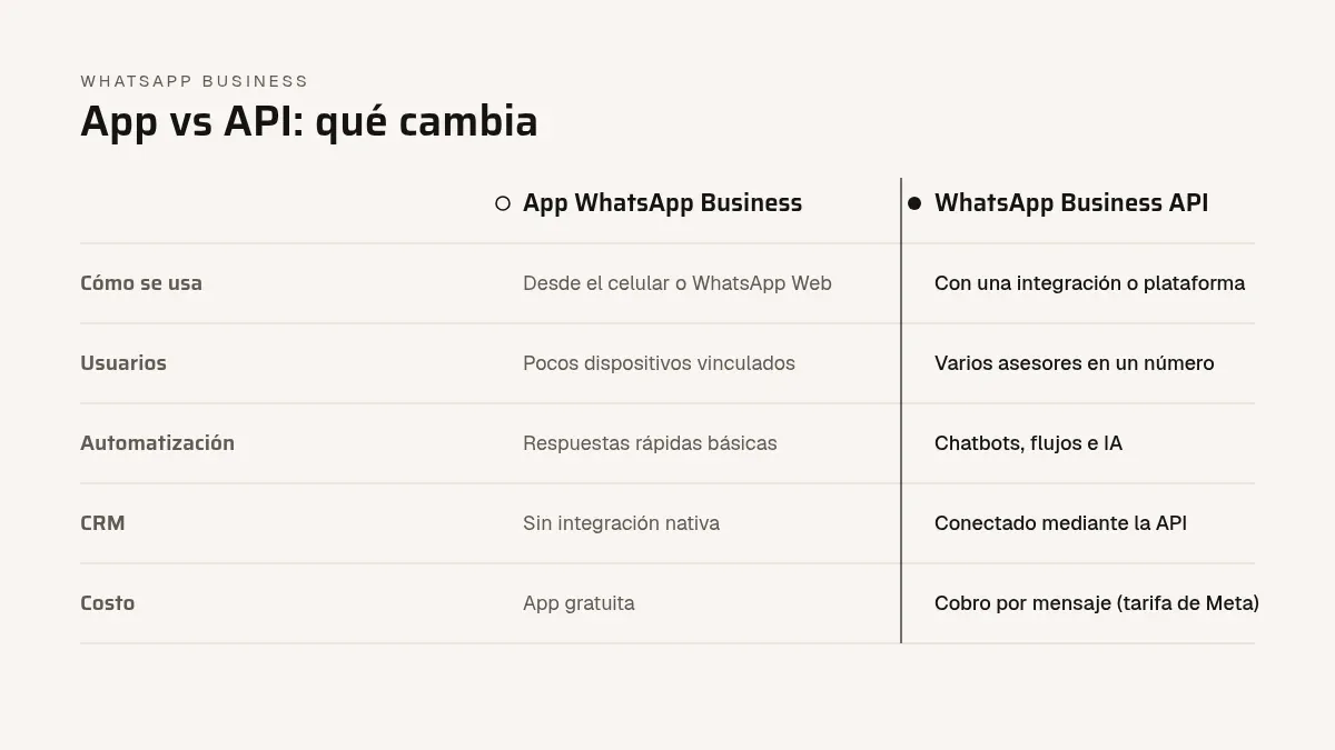 Comparación entre la app WhatsApp Business y la API: uso, usuarios, automatización, CRM y costo