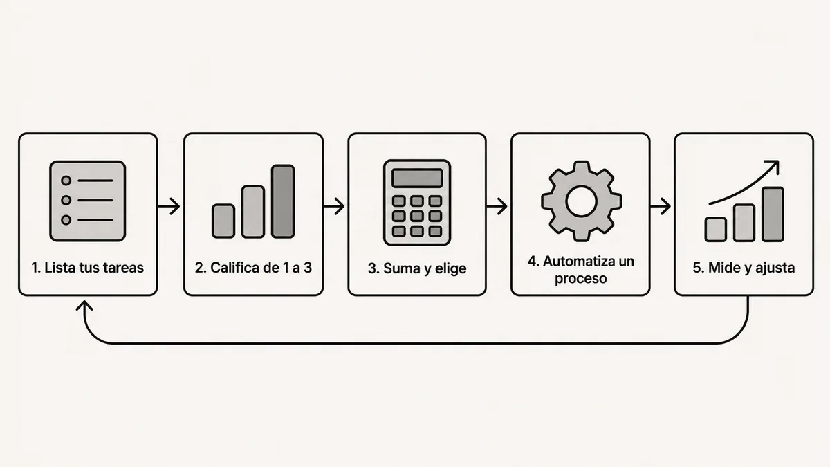Diagrama de cinco pasos para elegir, automatizar y medir el primer proceso de una pyme